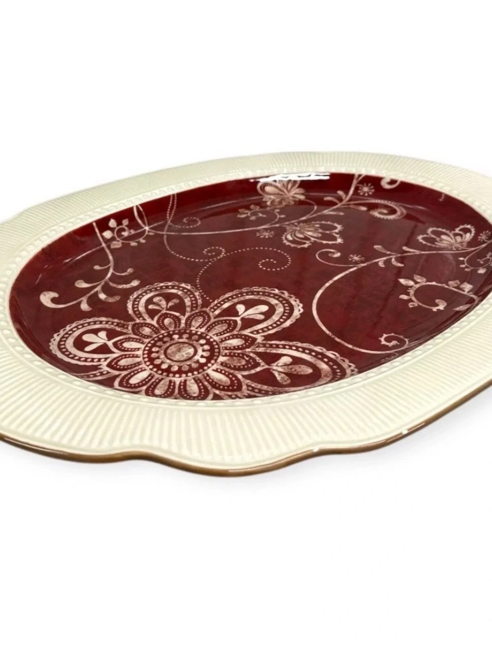 Pier 1 Imports Maribeth 18” Oval Serving Platter Burgundy Cream Ironstone